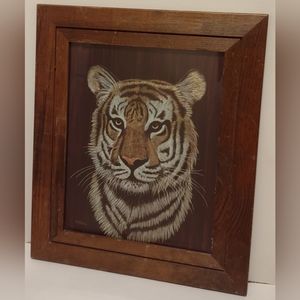 Vintage Mid Century Marjorie Brice Original Tiger Lithograph in Rustic Frame EUC